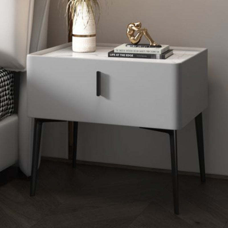 Modern Marble Leather Wood Nightstand — Light Grey