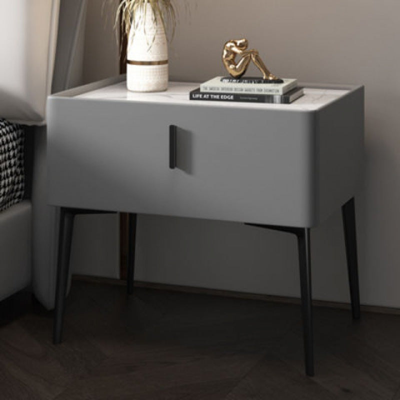 Modern Marble Leather Wood Nightstand — Deep Grey