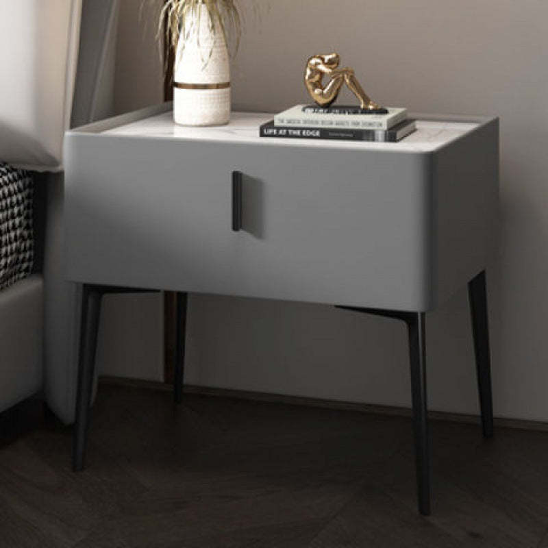 Modern Marble Leather Wood Nightstand — Deep Grey