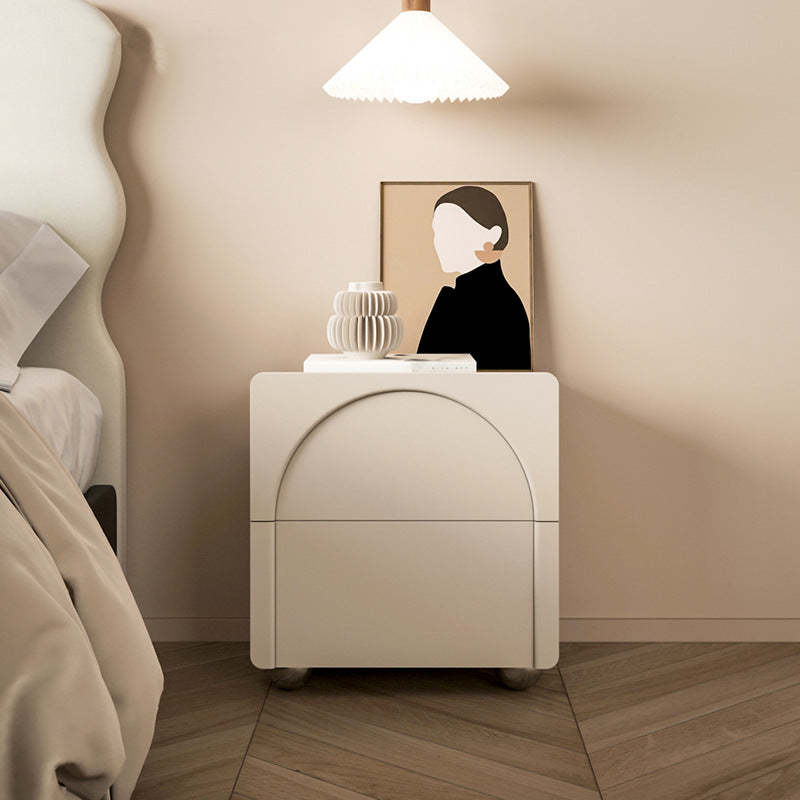 Minimalist Leather Wood Square Nightstand 2-Drawer — Beige