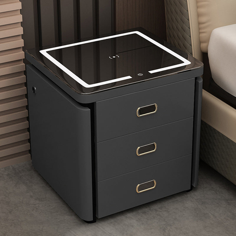 Minimalist Marble Leather Wood Square Nightstand 3-Drawer — B / Champagne Brown