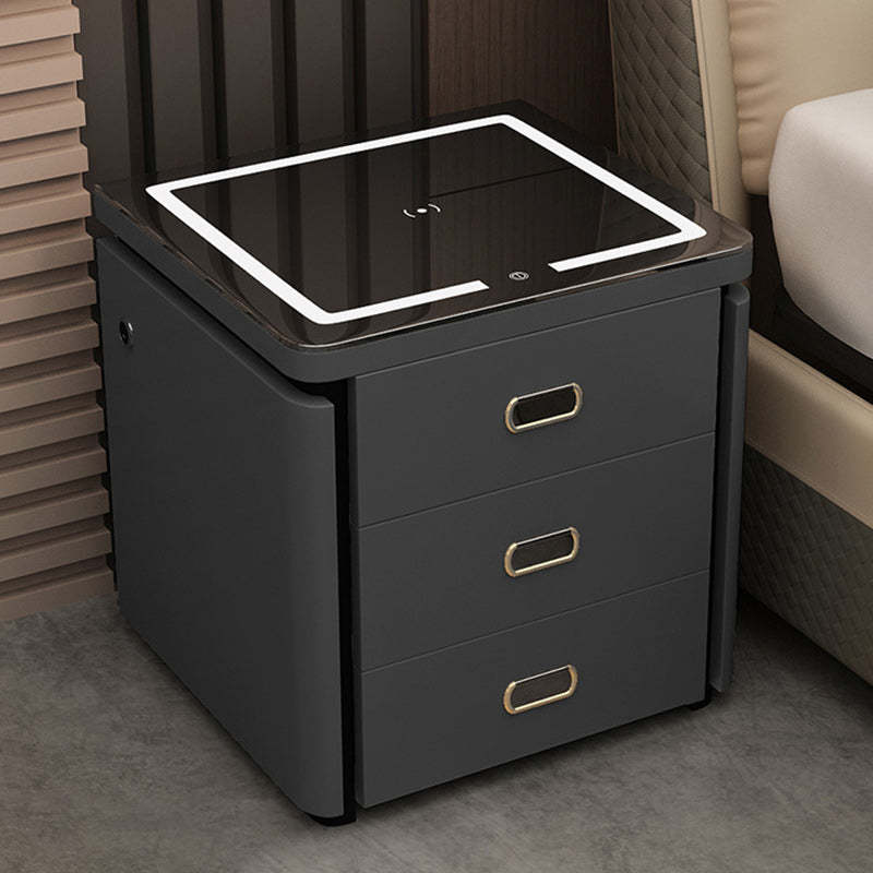 Minimalist Marble Leather Wood Square Nightstand 3-Drawer — B / Champagne Brown