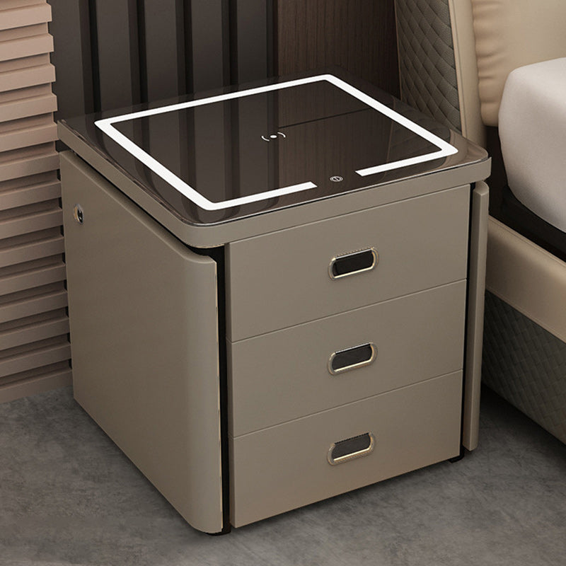 Minimalist Marble Leather Wood Square Nightstand 3-Drawer — A / Khaki Grey