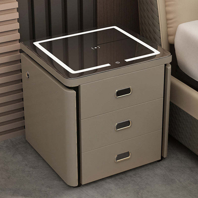 Minimalist Marble Leather Wood Square Nightstand 3-Drawer — A / Khaki Grey