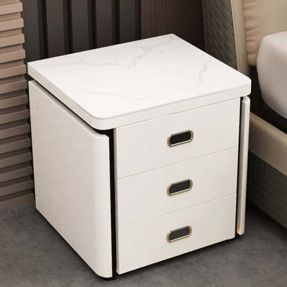 Minimalist Marble Leather Wood Square Nightstand 3-Drawer — A / White