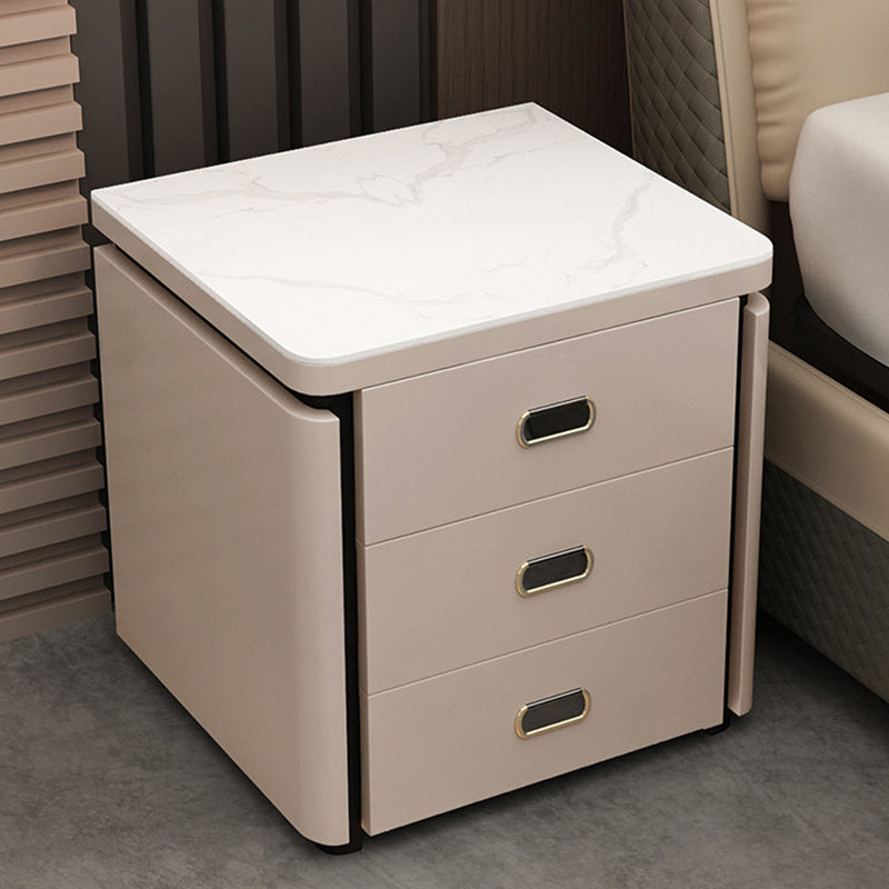 Minimalist Marble Leather Wood Square Nightstand 3-Drawer — A / Khaki
