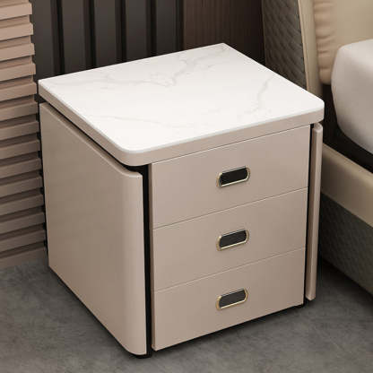 Minimalist Marble Leather Wood Square Nightstand 3-Drawer — A / Khaki