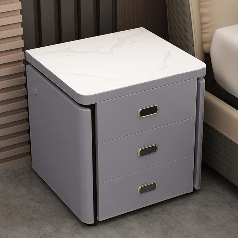 Minimalist Marble Leather Wood Square Nightstand 3-Drawer — A / Khaki Grey