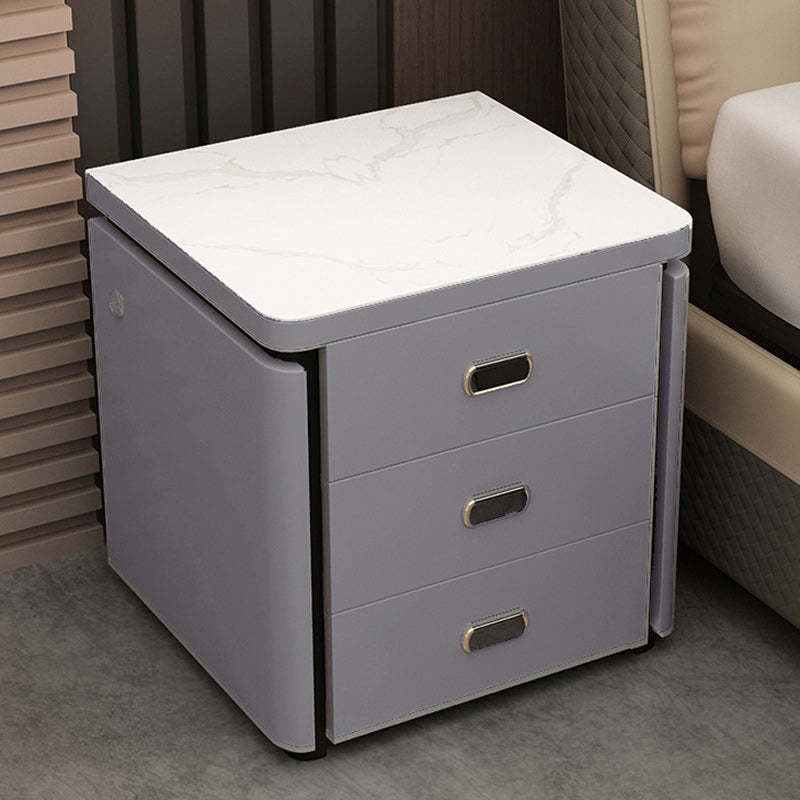 Minimalist Marble Leather Wood Square Nightstand 3-Drawer — A / Khaki Grey