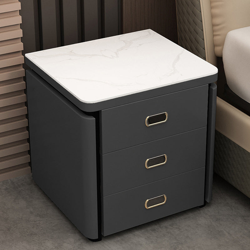 Minimalist Marble Leather Wood Square Nightstand 3-Drawer — A / Deep Grey