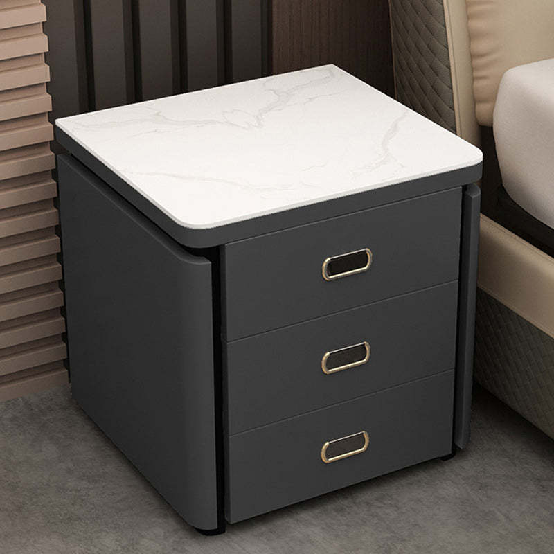 Minimalist Marble Leather Wood Square Nightstand 3-Drawer — A / Deep Grey