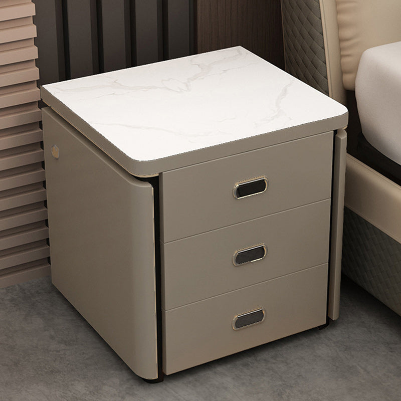 Minimalist Marble Leather Wood Square Nightstand 3-Drawer — A / Champagne Brown