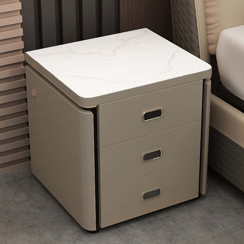Minimalist Marble Leather Wood Square Nightstand 3-Drawer — A / Champagne Brown