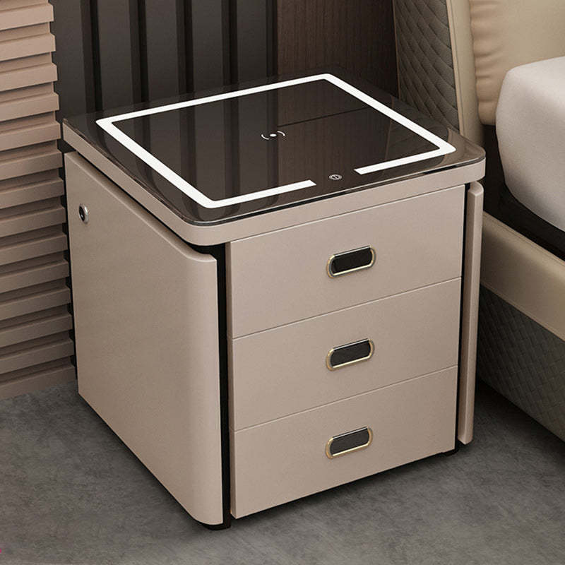 Minimalist Marble Leather Wood Square Nightstand 3-Drawer — B / Khaki Grey