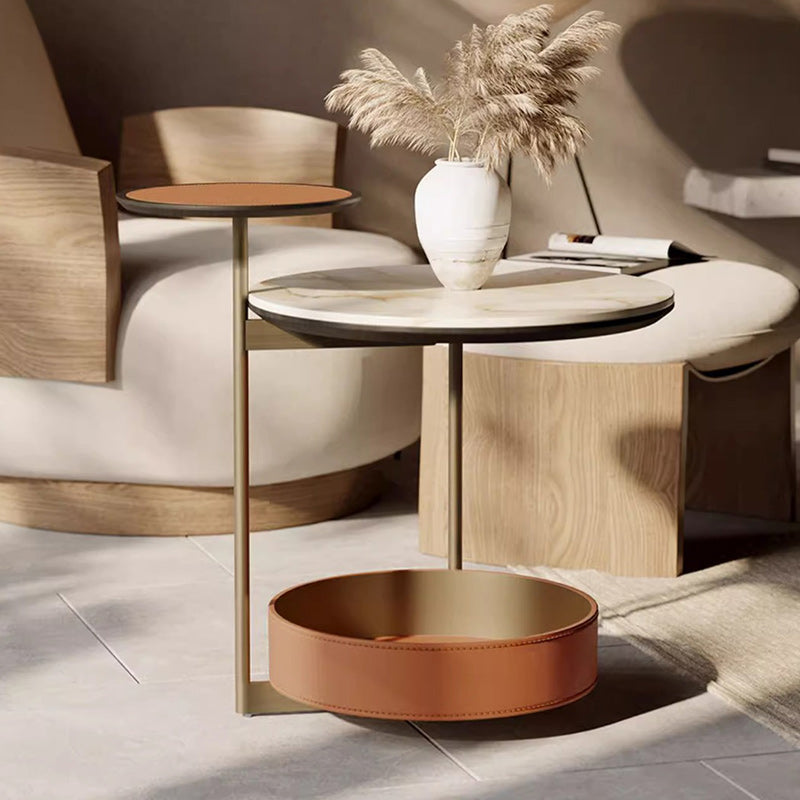 Cylinder Leather Marble Metal Side Table
