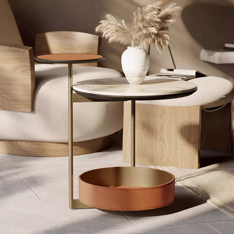 Cylinder Leather Marble Metal Side Table