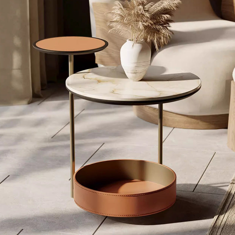Cylinder Leather Marble Metal Side Table