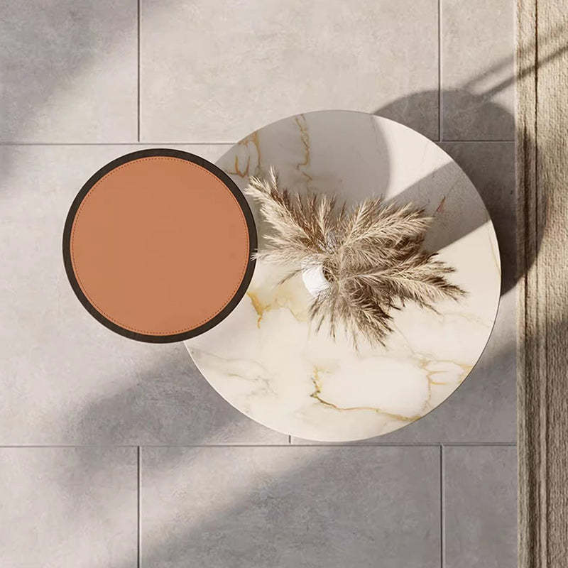 Cylinder Leather Marble Metal Side Table
