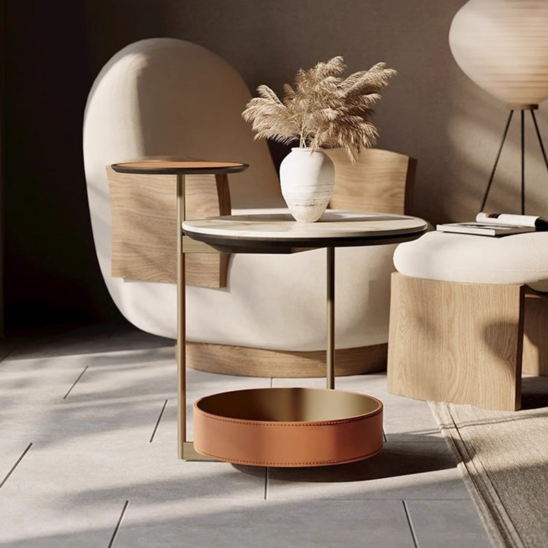 Cylinder Leather Marble Metal Side Table — Orange