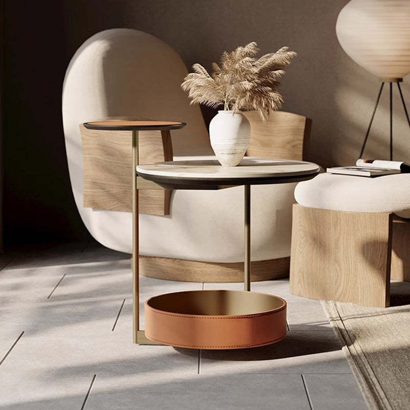 Cylinder Leather Marble Metal Side Table — Orange