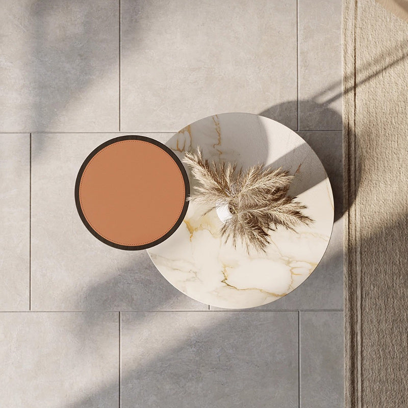 Cylinder Leather Marble Metal Side Table