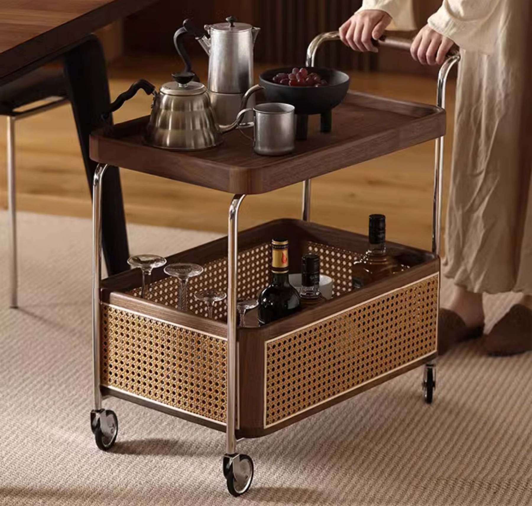 Vintage Solid Wood Rattan Rectangular Side Table 2/3-Tier