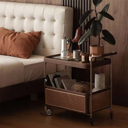 Vintage Solid Wood Rattan Rectangular Side Table 2/3-Tier — A