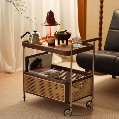 Vintage Solid Wood Rattan Rectangular Side Table 2/3-Tier