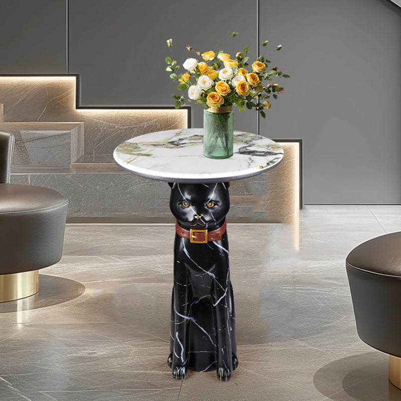 Scandinavian Puppy Kitten Marble Round Side Table 1-Tier