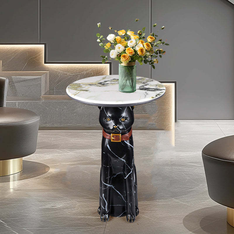Scandinavian Puppy Kitten Marble Round Side Table 1-Tier