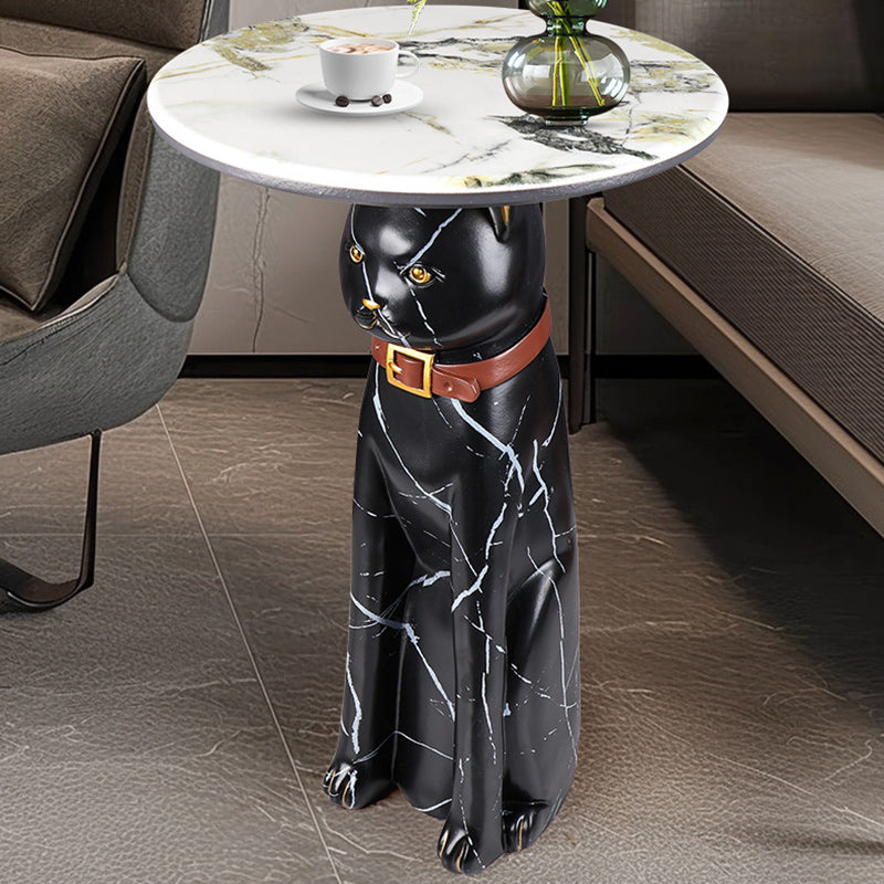 Scandinavian Puppy Kitten Marble Round Side Table 1-Tier — F