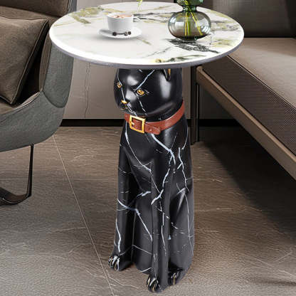 Scandinavian Puppy Kitten Marble Round Side Table 1-Tier — F