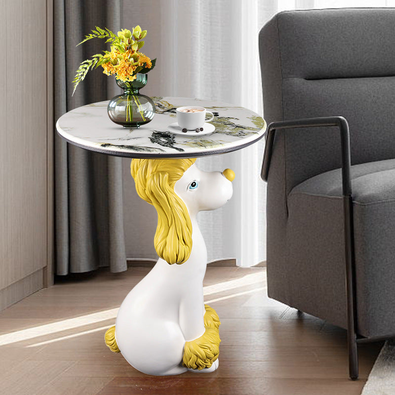 Scandinavian Puppy Kitten Marble Round Side Table 1-Tier