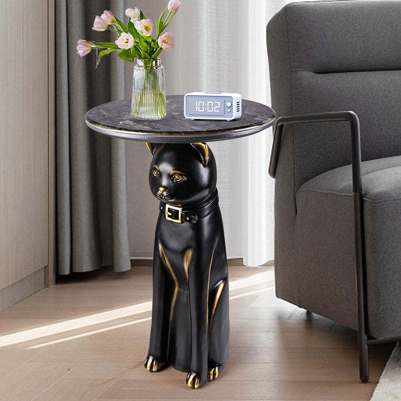 Scandinavian Puppy Kitten Marble Round Side Table 1-Tier — E