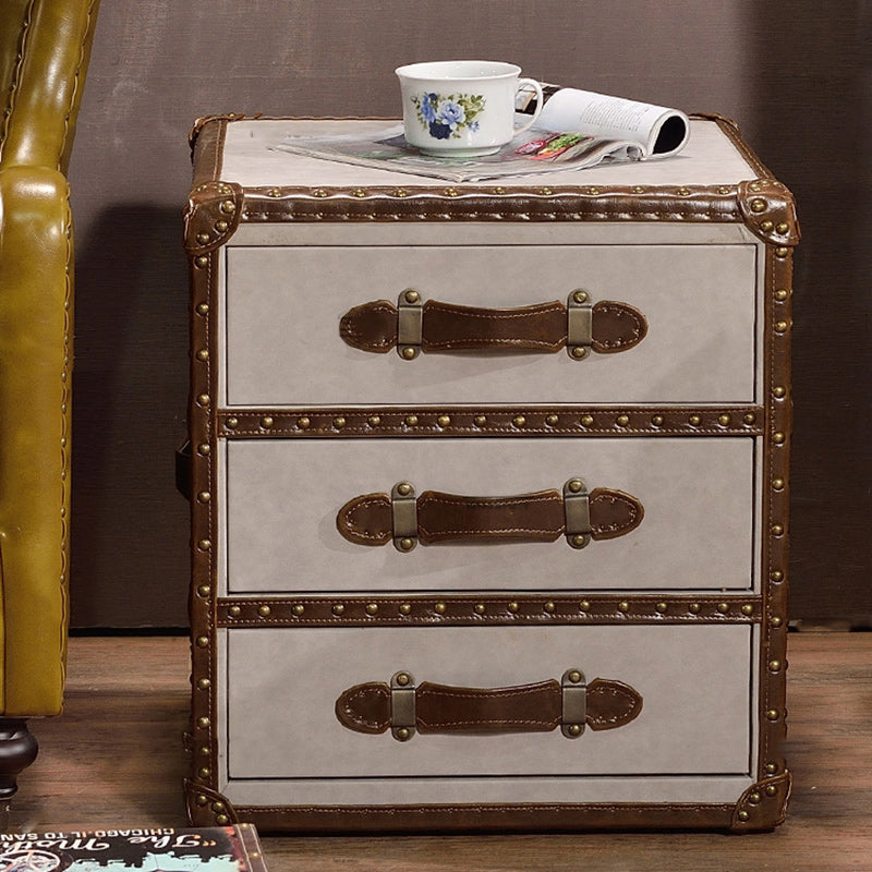 Industrial Leather Metal 3-Drawer Side Table