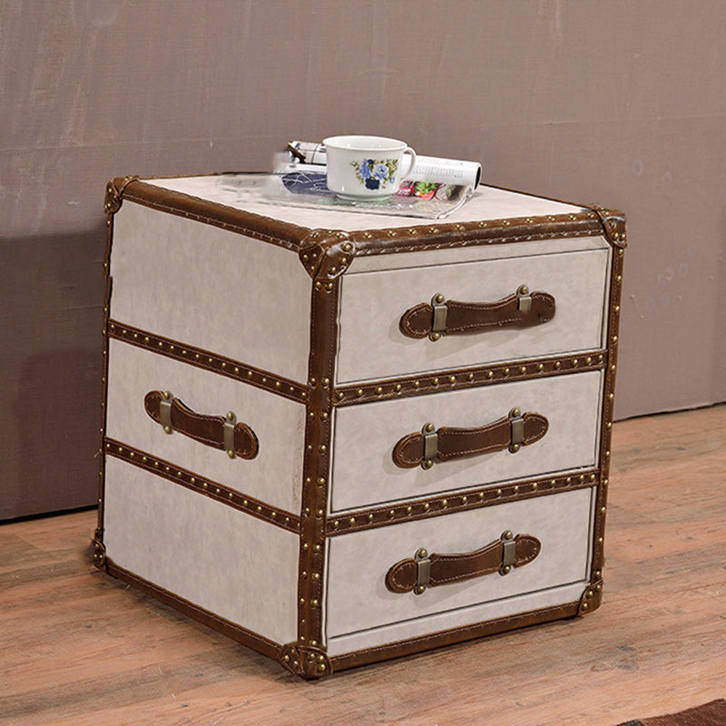 Industrial Leather Metal 3-Drawer Side Table — Beige