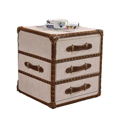 Industrial Leather Metal 3-Drawer Side Table