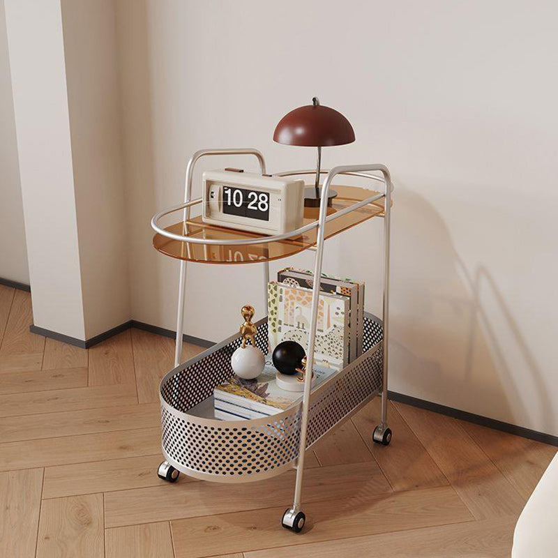 Oval Cylinder Tempered Glass Iron Side Table — Silver
