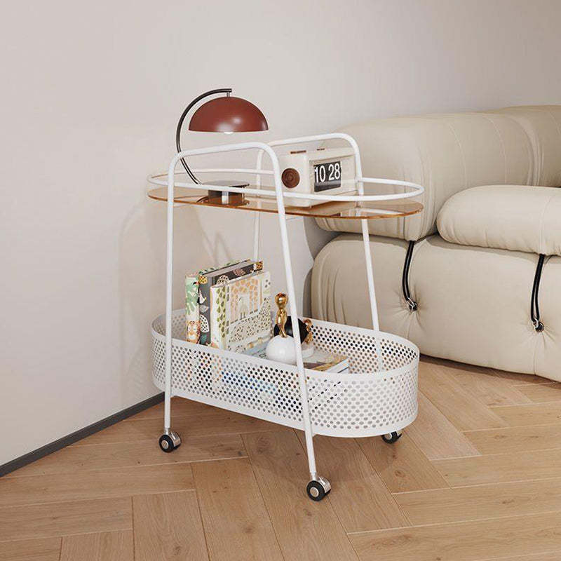 Oval Cylinder Tempered Glass Iron Side Table — White