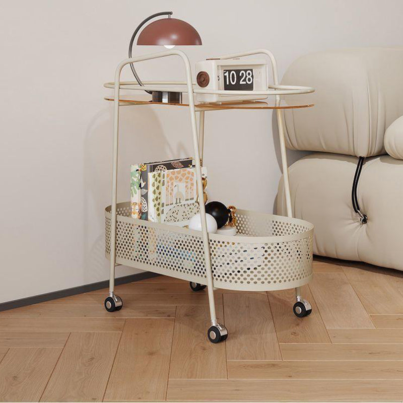 Oval Cylinder Tempered Glass Iron Side Table — Beige