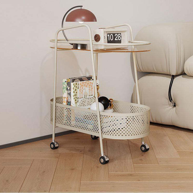 Oval Cylinder Tempered Glass Iron Side Table — Beige