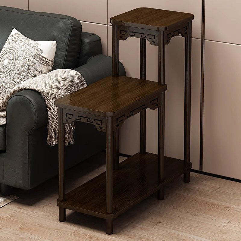 Chinese Carved Fiberboard Solid Wood Side Table 3-Tier — A / Walnut Color