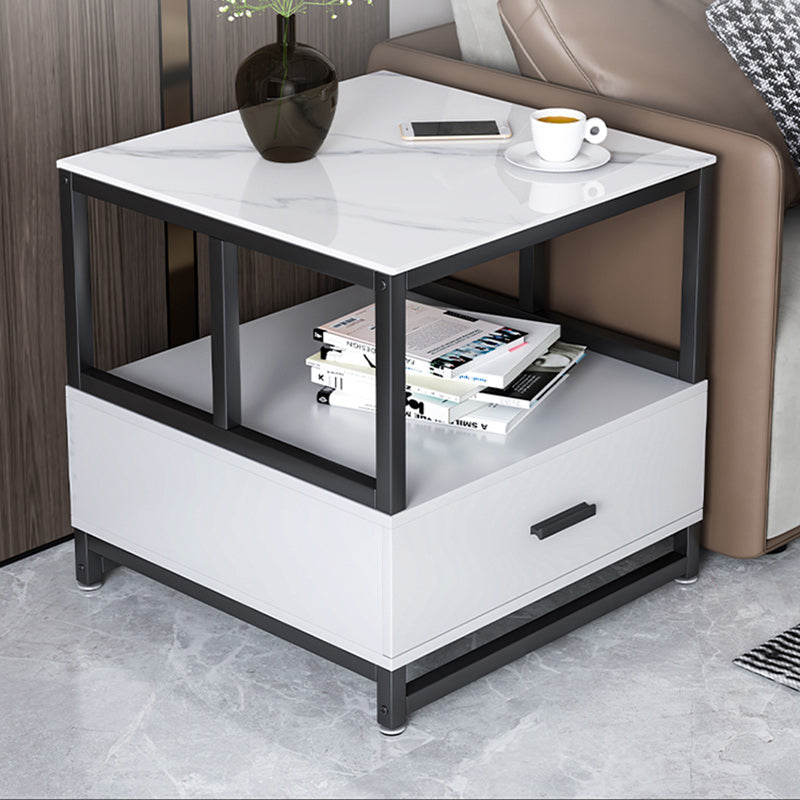 Minimalist Rock Slab Wood Metal Square Side Table 2-Tier — B / White