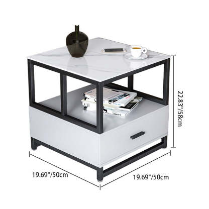 Minimalist Rock Slab Wood Metal Square Side Table 2-Tier — A / Grey