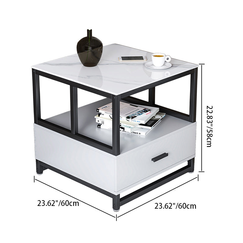 Minimalist Rock Slab Wood Metal Square Side Table 2-Tier — B / White
