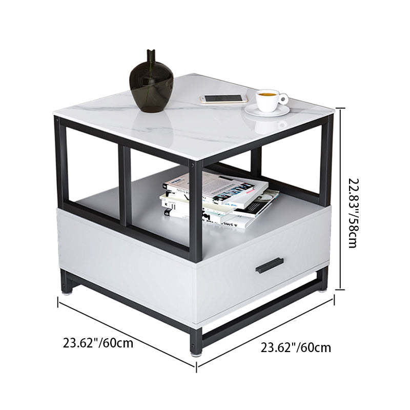 Minimalist Rock Slab Wood Metal Square Side Table 2-Tier — B / White