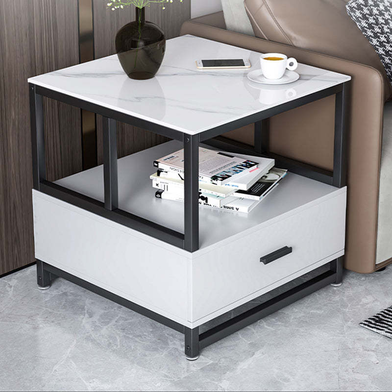 Minimalist Rock Slab Wood Metal Square Side Table 2-Tier — B / White
