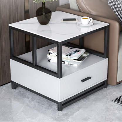 Minimalist Rock Slab Wood Metal Square Side Table 2-Tier — B / White