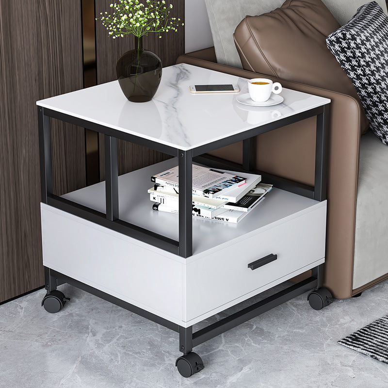 Minimalist Rock Slab Wood Metal Square Side Table 2-Tier