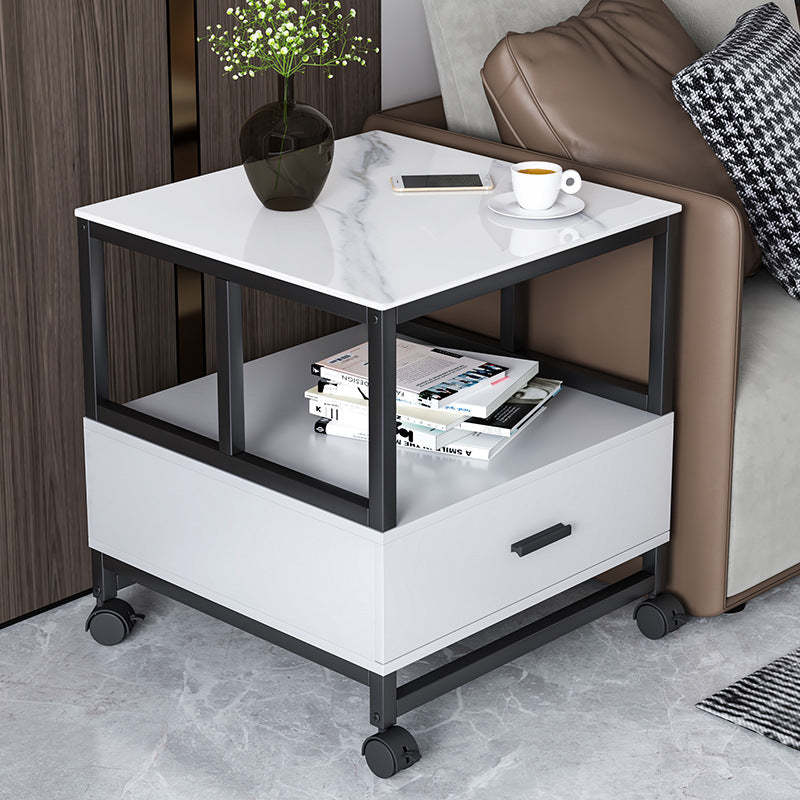 Minimalist Rock Slab Wood Metal Square Side Table 2-Tier
